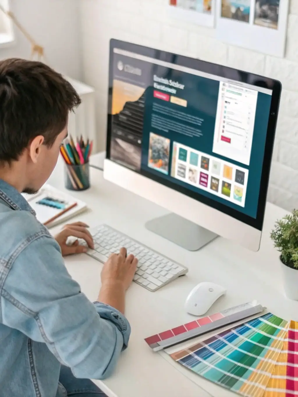 A designer working on a WordPress website template, customizing it with brand colors and industry-specific content.