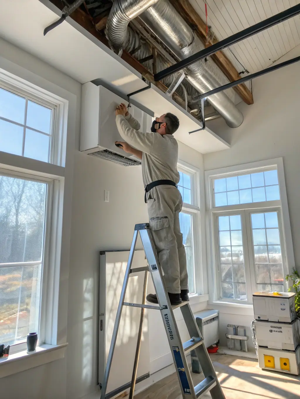A modern, energy-efficient HVAC system being installed in a home, highlighting comfort and technological advancement, suitable for an HVAC company's marketing.