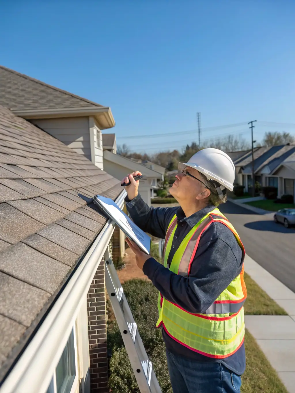 A high-angle, professional photograph of a residential roof being inspected, emphasizing quality and reliability, suitable for a roofing company's marketing materials.