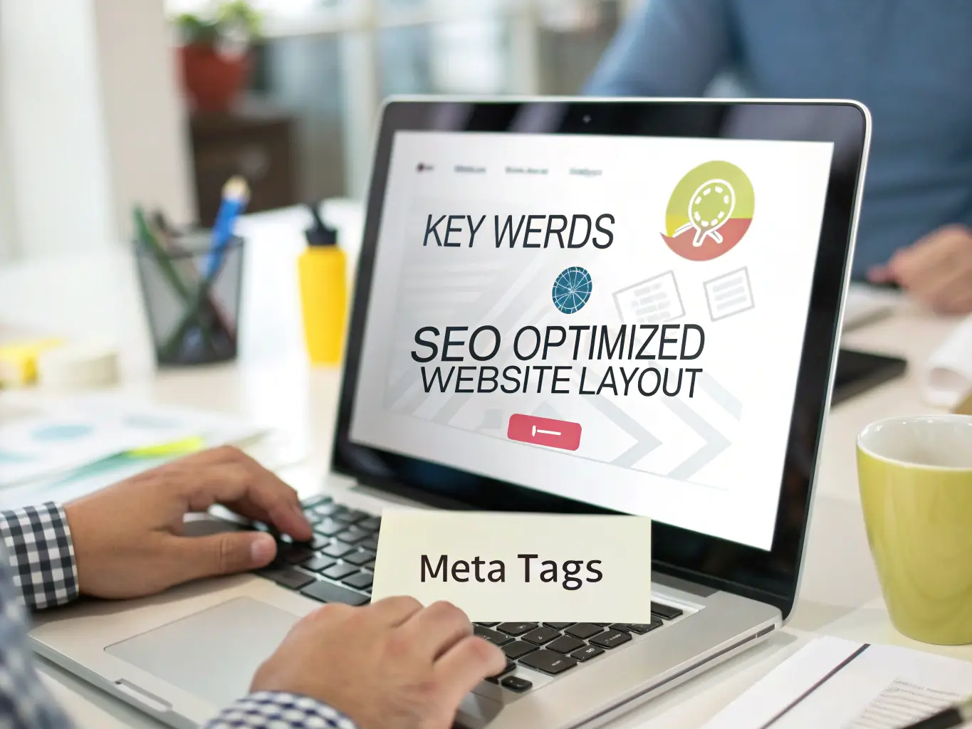 A magnifying glass focusing on a website's code, highlighting SEO issues and areas for optimization.