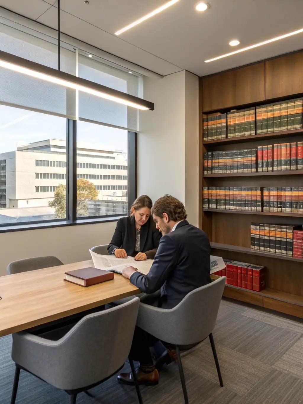 A professional, modern law office interior with bookshelves and a conference table, suggesting competence and legal expertise, suitable for a law firm's website.