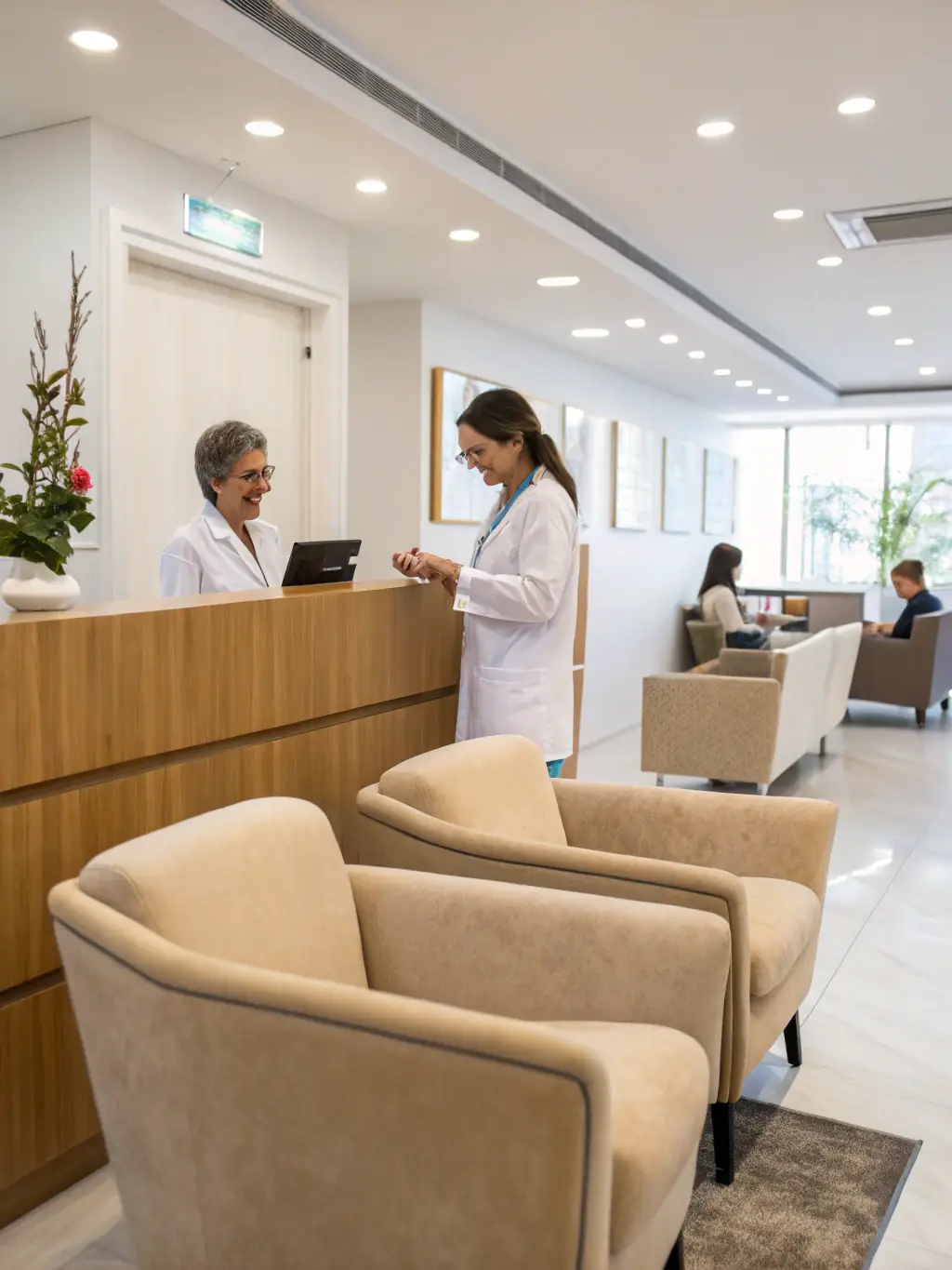 A bright, modern dental office reception area with a friendly receptionist, conveying a sense of cleanliness and patient care, ideal for a dental practice's website.