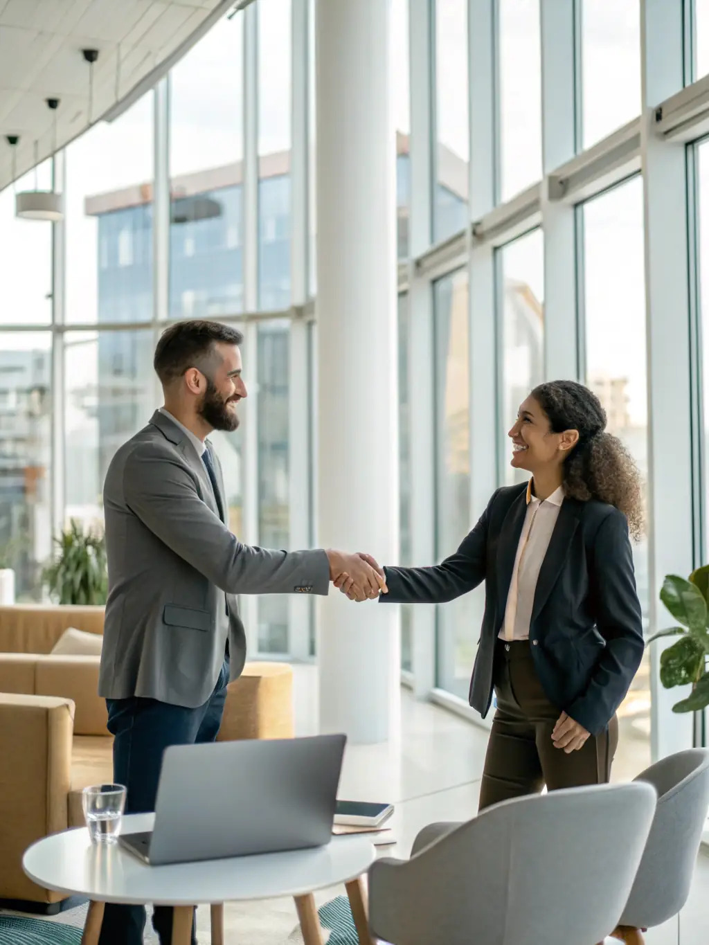 A person shaking hands with a client over a table with a laptop displaying website analytics, symbolizing the initial consultation and understanding of business needs.