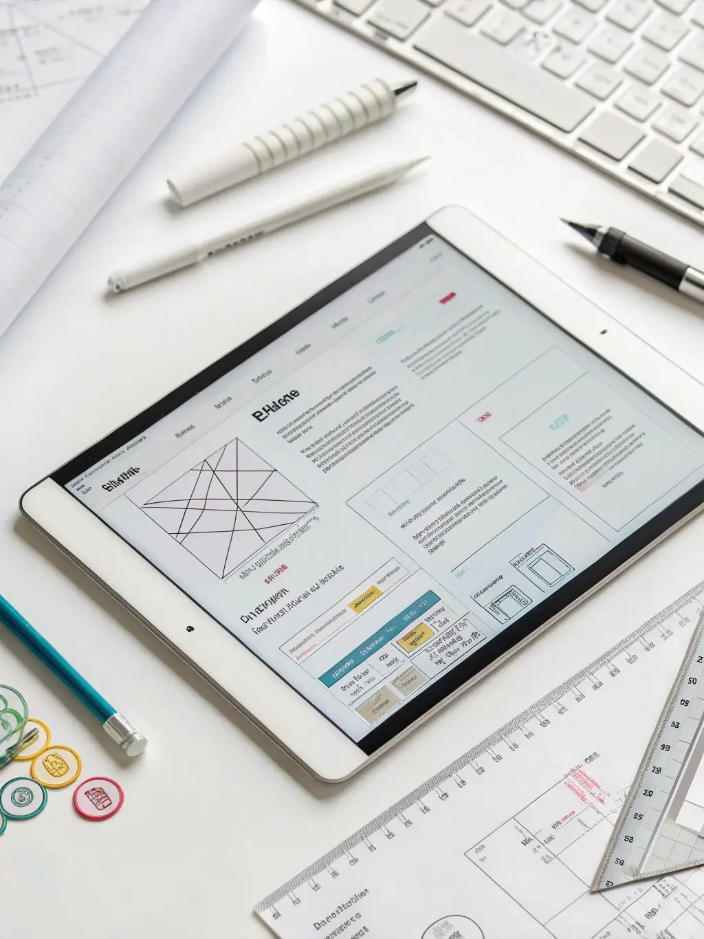 A wireframe of a website being sketched on a tablet, representing the planning and design phase.