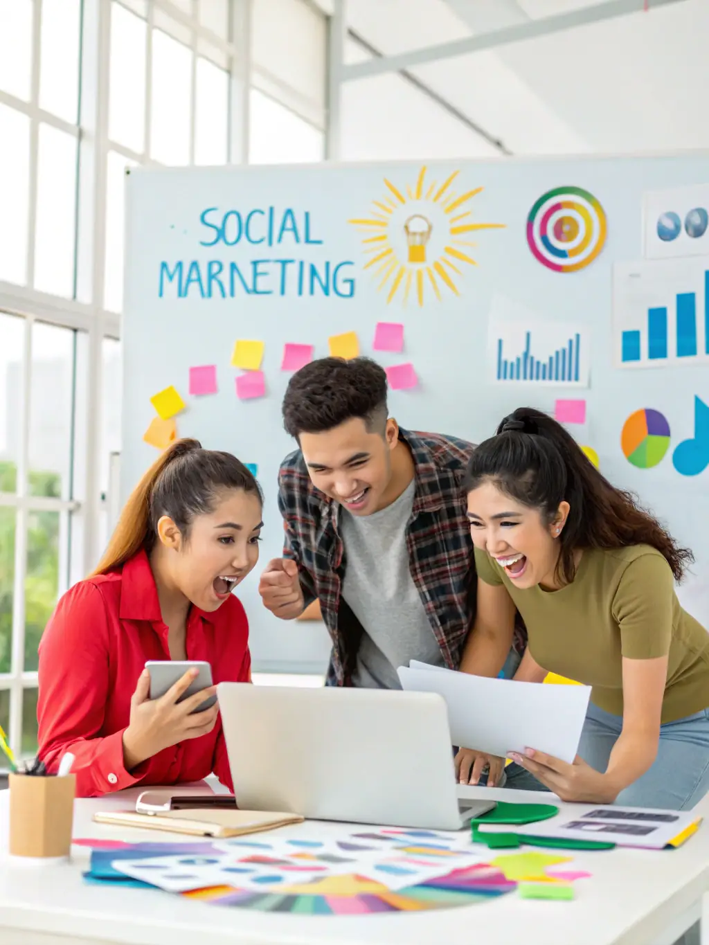 A diverse team of marketing professionals collaborating on a digital marketing strategy, showcasing the expertise and support provided to clients.