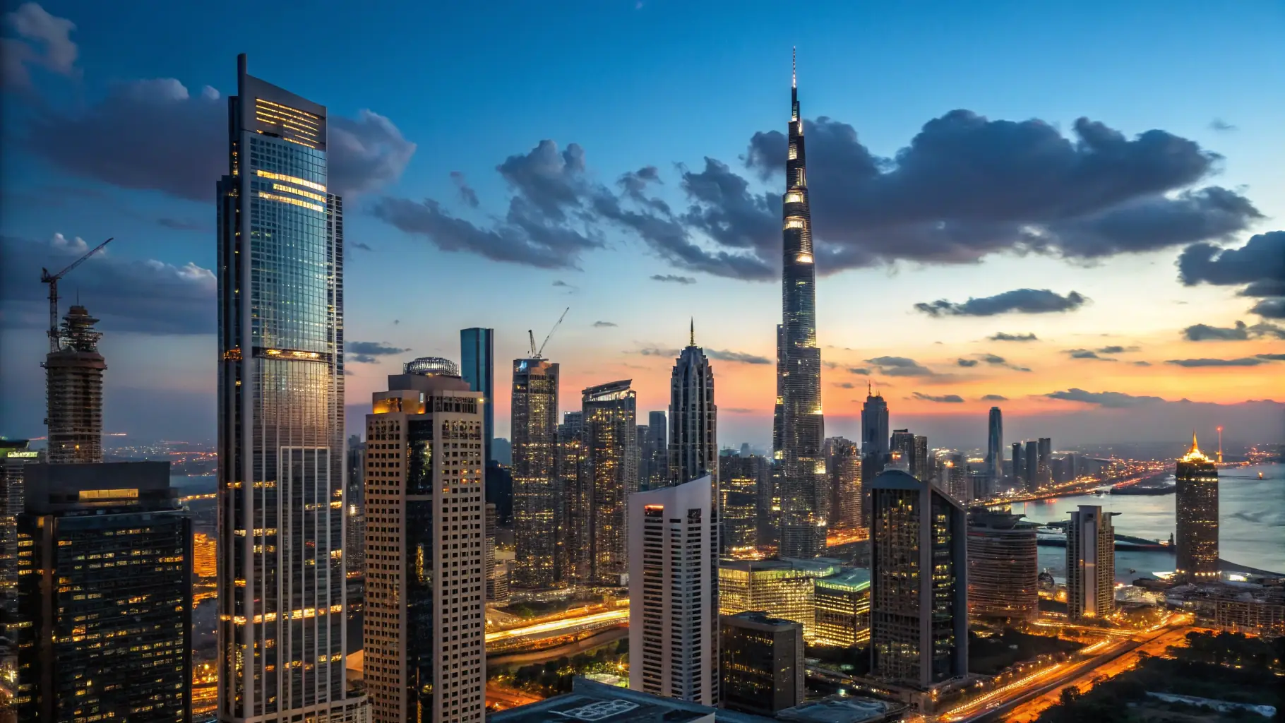 A banner image with a landscape orientation, showing a cityscape at dusk.